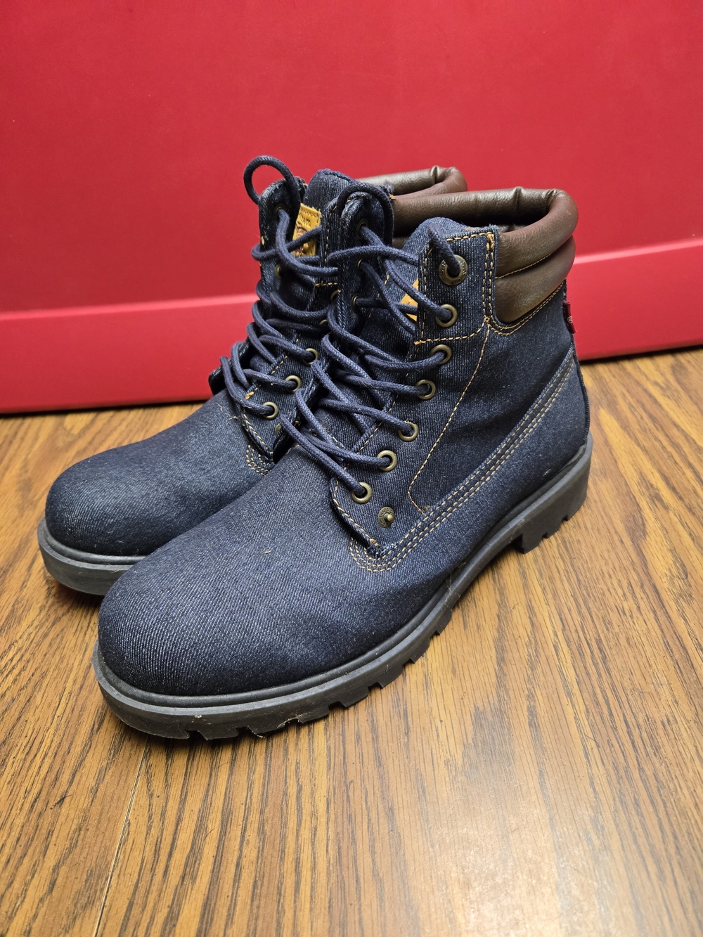 Men's Levi's Navy Denim Lace-Up Work Boots with Brown Collar.